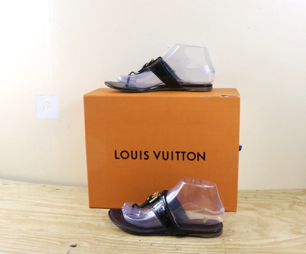 Louis Vuitton Sandals 38 Black Monogram Vernis Patent Leather Thong Shoes Italy